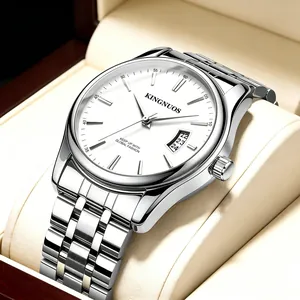 Stylish men's silver stainless steel watch with white dial and date display.