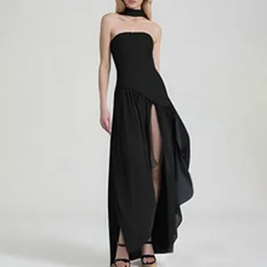 Elegant black strapless evening dress with high leg slit and choker detail detail view.