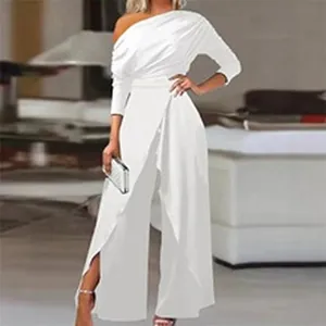 Elegant white one-shoulder long sleeve jumpsuit with wide leg split pants