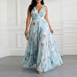 Elegant 2026 stylish light blue maxi dress with floral tulip print and V-neck for women