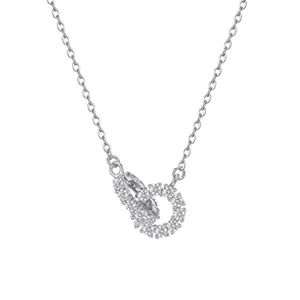 Detailed view of S925 sterling silver interlocking double ring necklace with crystals