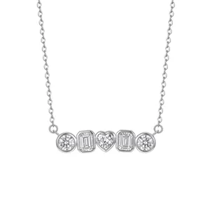 Close-up detail of S925 sterling silver necklace with heart and geometric zircon stones