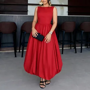 Elegant red sleeveless midi dress with gathered waist and bubble hem for summer