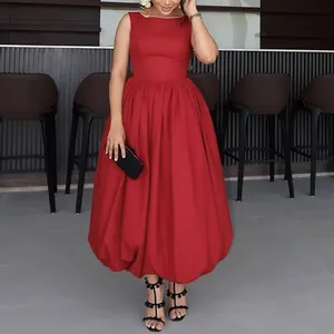 Elegant sleeveless red midi dress featuring a cinched waist and a puffy pleated skirt