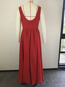 Detailed back view of an elegant red sleeveless maxi dress with a slim-waist design.