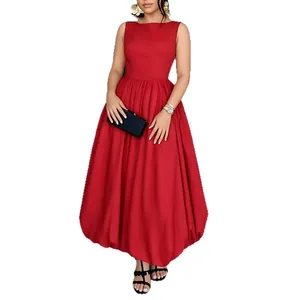 Elegant sleeveless red midi dress with gathered waist and voluminous skirt on white background