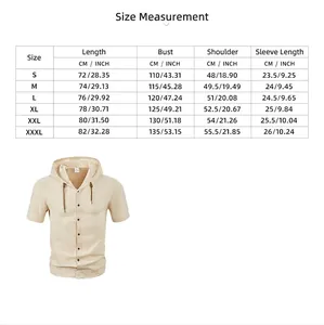 Detailed size chart for men's breathable linen hooded short sleeve shirt in cream.