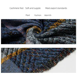 Vintage blue plaid shawl scarf with soft cashmere feel and short tassel design detail