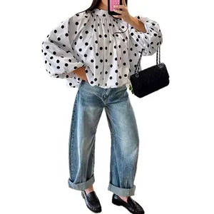 Loose white long-sleeve blouse with large black polka dots for women daily wear