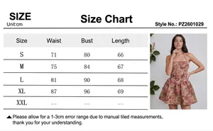 Detailed size chart for floral mini tube dress featuring bust and waist dimensions in cm
