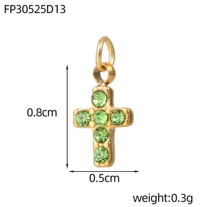 Small gold stainless steel cross pendant with green zircon stones, DIY jewelry making accessory