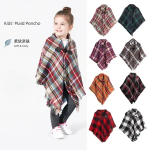 Children's Plaid Poncho Shawl With Toggle Button Tassel Fringe Kids Winter Warm Acrylic Cashmere-Like Cape Outwear For Girls