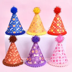 Set of colorful cone birthday hats for dogs and cats featuring festive paw prints
