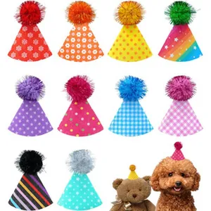 Set of 12 colorful patterned pet party hats with pom-poms for dogs, cats and teddy bears
