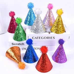 Colorful glitter cone hats with pom-poms for pet or baby birthday party decoration