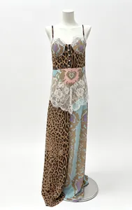 Detailed view of leopard and floral print chiffon maxi dress with delicate lace trim.