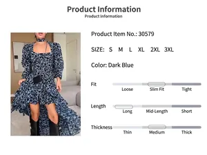 Floral print dress detail view with sizing chart, color options and fabric information.