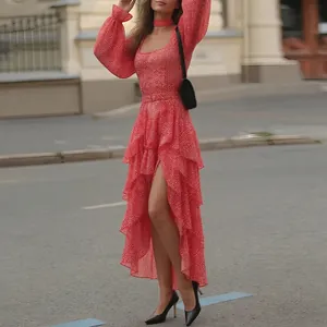 Summer red floral ruffled maxi dress with high slit and long puff sleeves for women