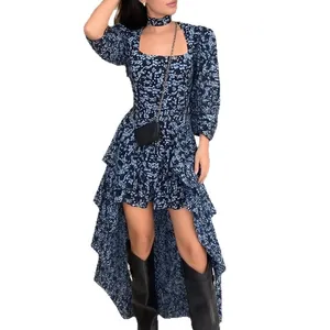 Elegant floral print high-low vacation dress with square neck and slim waist for summer
