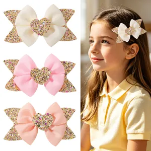 Barrettes à Cheveux Nœud en Ruban Gros-grain pour Filles avec Décor Coeur Étoile Rose Crème Accessoires de Cheveux