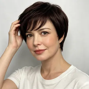 Perruque courte lisse marron foncé pour femme avec une frange naturelle élégante