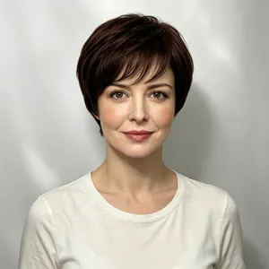 Perruque synthétique courte coupe pixie brun foncé pour femme avec frange naturelle volumineuse