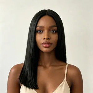 Perruque synthétique noire longue et lisse pour femme avec une raie naturelle au milieu