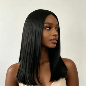 Perruque synthétique noire mi-longue et lisse professionnelle pour femme effet naturel