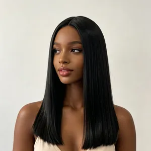 Élégante perruque synthétique noire lisse mi-longue pour femmes avec raie au milieu