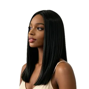 Perruque synthétique noire lisse mi-longue pour femme, look naturel longueur clavicule.