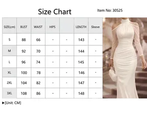 Size chart for elegant white off-the-shoulder mesh long sleeve French maxi dress