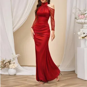 Elegant red off-shoulder floor-length evening gown with pleated waist and bodycon fit