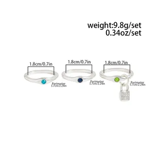 Adjustable silver rings set with colorful gemstones and detailed size measurements