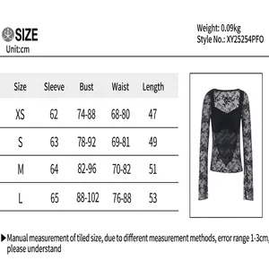 Detaillierte Größentabelle für dieses sexy schwarze, durchsichtige Langarm-Spitzentop