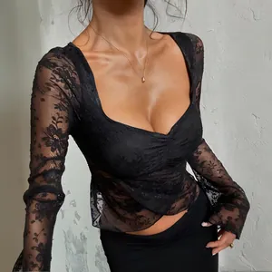 Damen Spitze Langarm Top Transparent Blumenstickerei Slim Fit Eckiger Ausschnitt Crop T-Shirt Sexy Streetwear