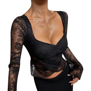 Elegantes sexy transparentes schwarzes Spitzenoberteil für Damen slim fit Mesh-Shirt