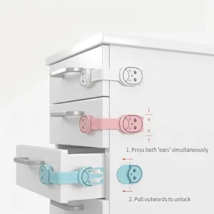 Close-up of rabbit-shaped baby safety locks installed on a white chest of drawers