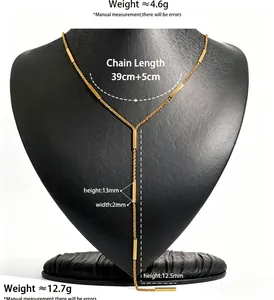 Detailed dimension view of minimalist gold stainless steel Y-shaped bar chain necklace