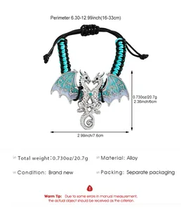 Especificaciones detalladas de tamaño para la pulsera de dragón trenzada retro con alas azules