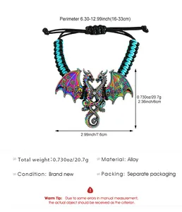 Dimensiones detalladas de este brazalete de dragón tejido colorido en aleación de metal
