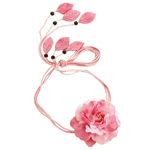 Detailed view of handmade pink fabric rose and leaf accents on braided waist rope