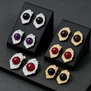 Vintage textured geometric earrings with colorful cat-eye stones in gold and silver finish