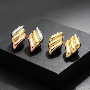 Detailed close-up showing tricolor and gold plated ribbed angel wing earrings for women