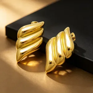 Detailed close-up of 18K gold plated angel wing earrings featuring elegant spiral texture