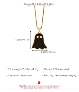 Detailed size and material information for the stainless steel ghost pendant necklace.