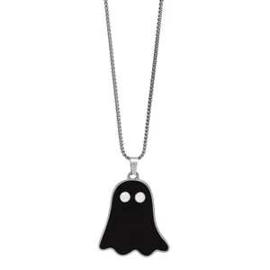 Close-up detail of a minimalist stainless steel ghost pendant necklace for Halloween.