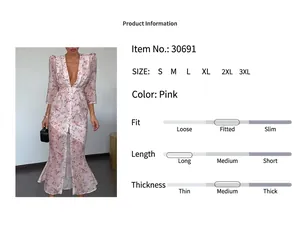 Detail view of fashion pink floral V-neck split maxi dress with size chart information