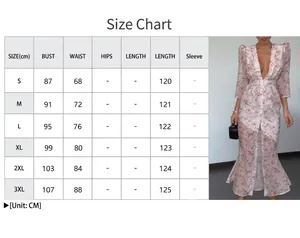 Detailed size chart for floral V-neck long sleeve slit maxi dress with measurements in CM
