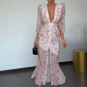 Bohemian Paisley Print V Neck Cut Out Waist Ruffle Sleeveless High Slit Elegant Summer Vacation Maxi Dress