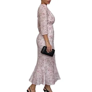 Elegant pink floral V-neck midi dress for women, stylish summer fashion with flare hem